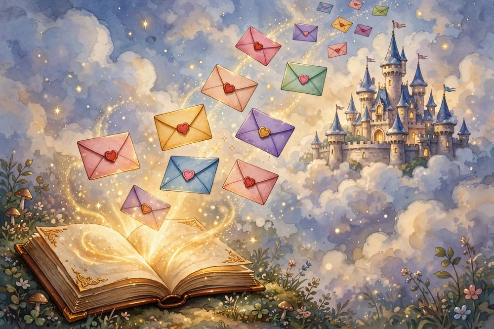 Storybook art: a young writer sending a story off to be read aloud