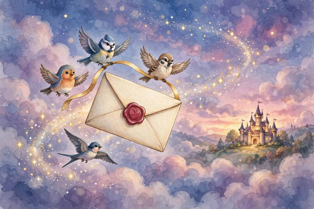 Storybook art: a heart-sealed letter soaring through a starry sky