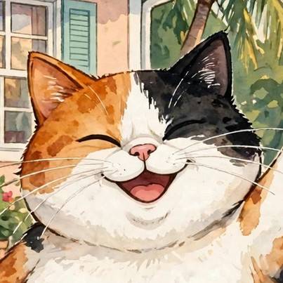 Meatball Chubbs, a fat calico cat with a split orange and black face, grinning