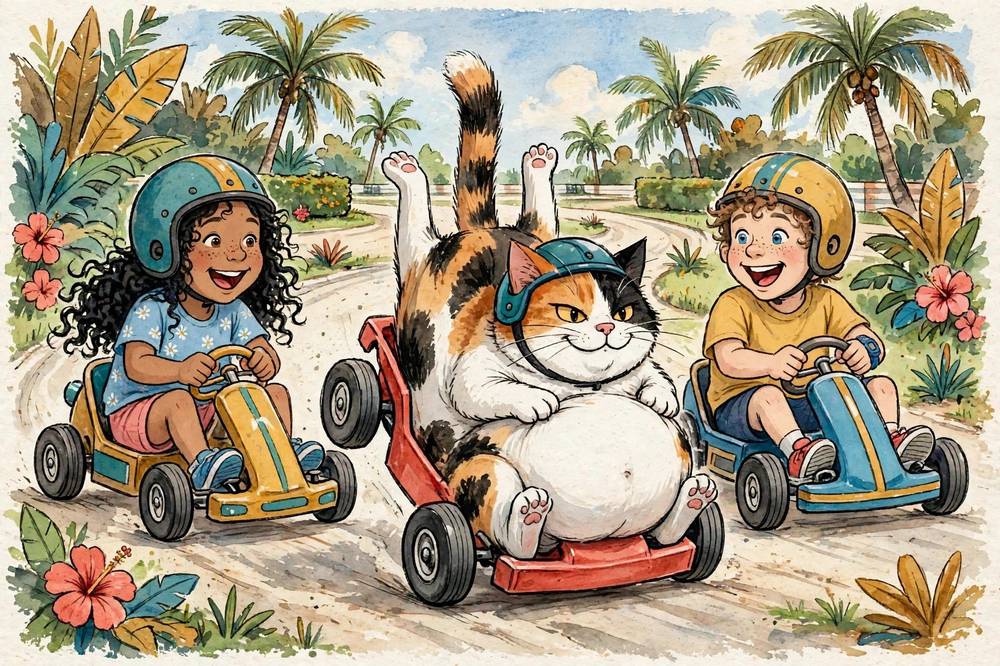 Storybook art: Meatball Chubbs wedged into a red go-kart on a Florida track, waving her back paws, with Harper and Gage racing beside her