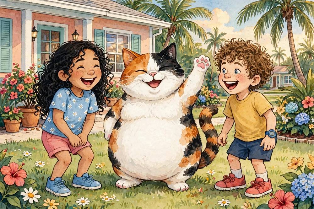 Storybook art: Meatball Chubbs, a fat calico cat with a big round belly, waving one paw while Harper and Gage laugh with her in a sunny Florida yard