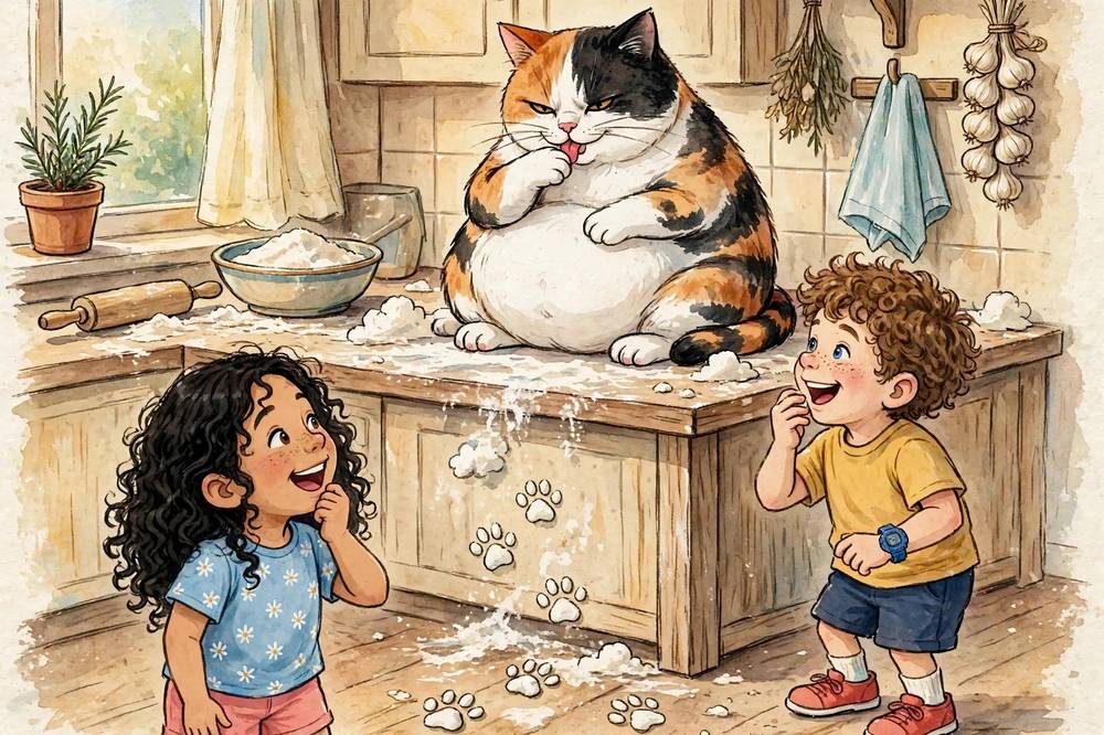 Storybook art: Meatball Chubbs sits on a flour covered kitchen counter, licking her paw, while Harper and Gage laugh