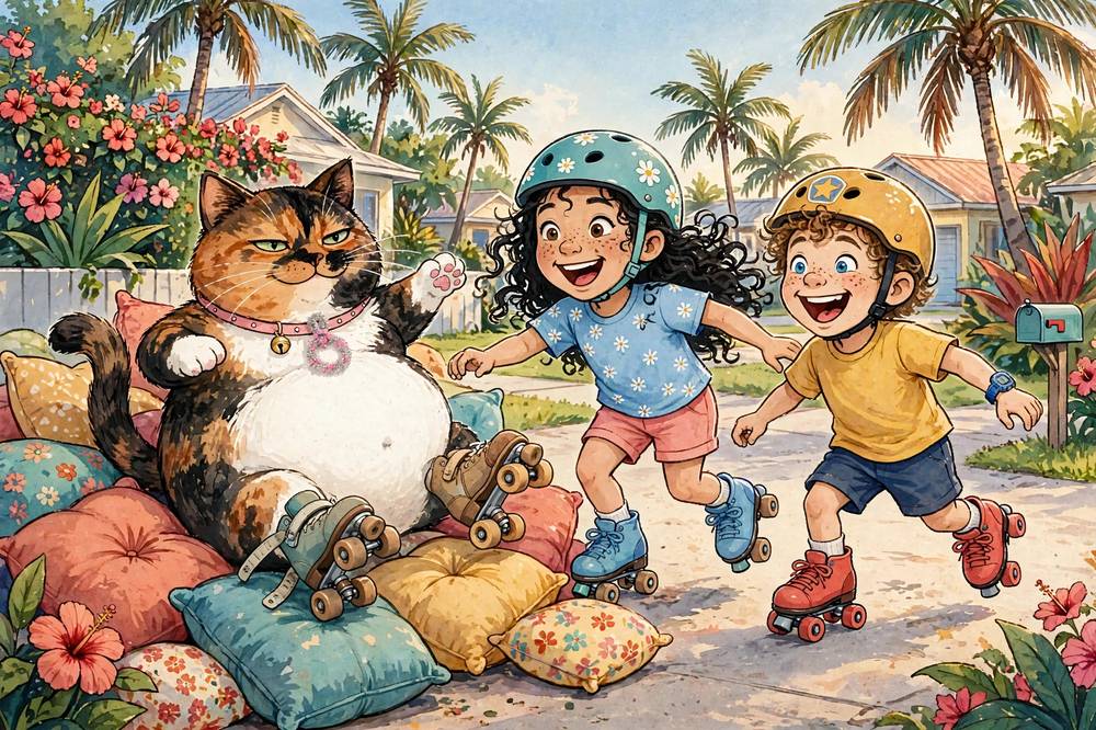 Storybook art: Meatball Chubbs in tiny roller skates, landed proud in a pile of cushions, while Harper and Gage skate up laughing