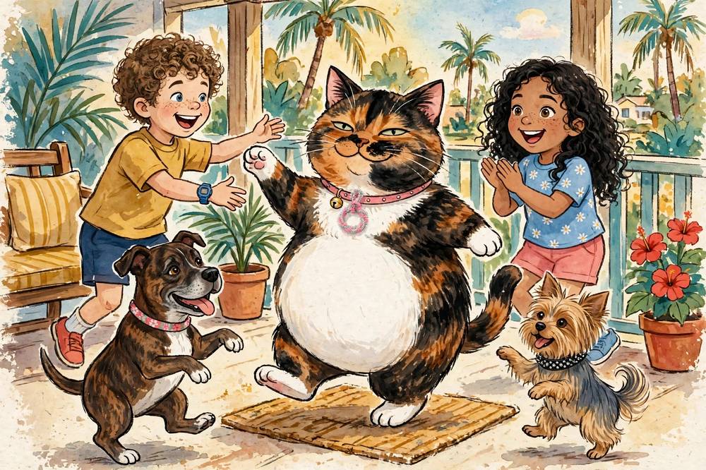 Storybook art: Meatball Chubbs dancing on a porch mat while Harper, Gage, Nietzsche the Yorkie, and Sienna dance along