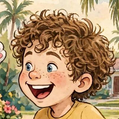 Gage, with tight curly light brown hair and a huge grin