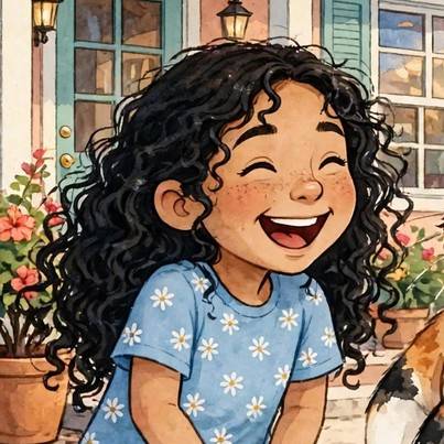Harper, with long black curly hair worn loose, laughing